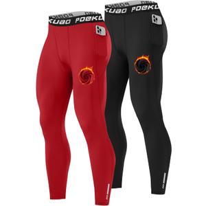 Poekuao 2 Pack Thermal Leggings for Men High Elastic Fleece Lined Workout Compression Pants Cold Weather Athletic Running Tights Base Layer with Pockets Black/ Red 3XL