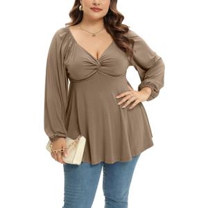 Womens Plus Size Tops Long Sleeve Twist Knot V Neck Shirts Casual Loose Tunic Blouse Fall and Winter (XXXL)