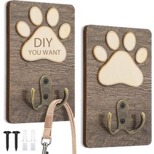 Kathfly 2 Pcs Dog Leash Holder Wall Mount Paw Print Pet Harness Hanger with Hook Dog Collar Organizer for Entryway Memorial Cat Leash Holder for Wall