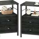 Furologee Nightstands Set 2, Night Stand with 2 Fabric Drawers, Bedside Tables with Open Shelf, Wooden Top, Hooks, Backboard Design, Metal Frame, End Tables for Bedroom/Living Room/Study/Black Oak
