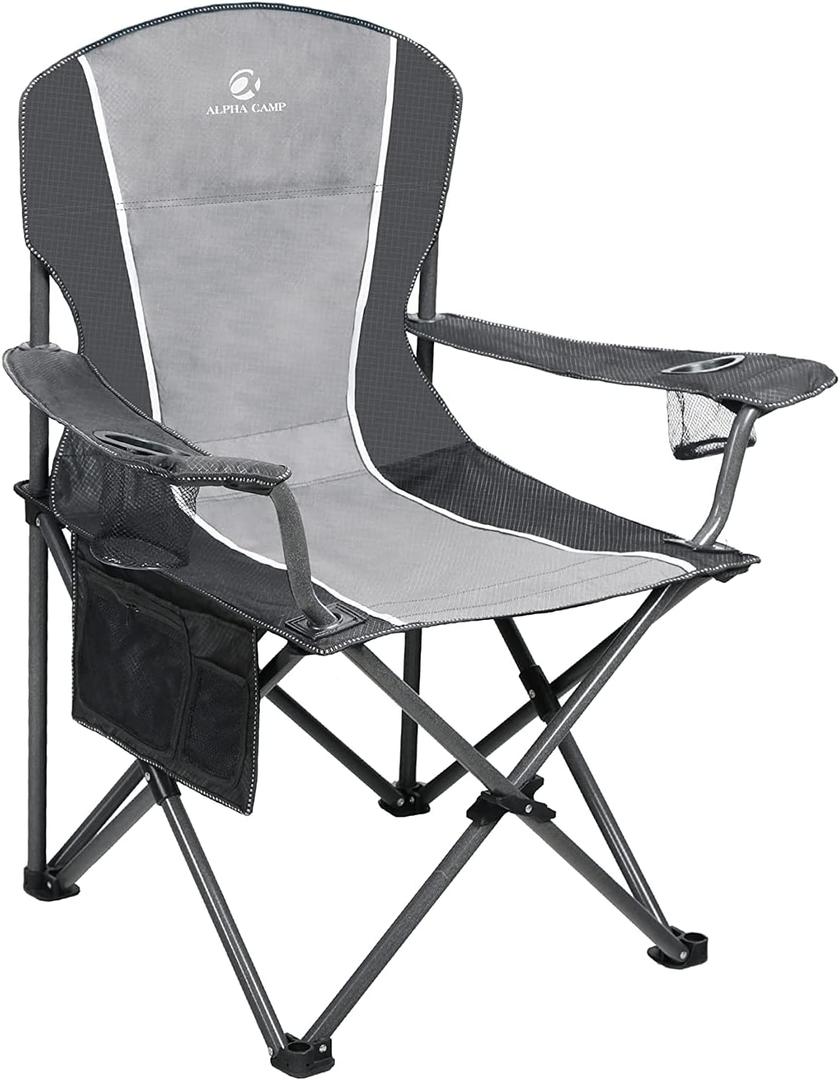 ALPHA CAMP Oversized Camping Folding Chair - Heavy Duty Steel Frame Support 350 LBS, Collapsible Padded Arm With Cup Holder, Quad Lumbar Back, Portable for Outdoor/Indoor (Black Grey) ALPHA CAMP Oversized Camping Folding Chair - Heavy Duty Steel Frame Support 350 LBS, Collapsible Padded Arm With Cup Holder, Quad Lumbar Back, Portable for Outdoor/Indoor (Black Grey)