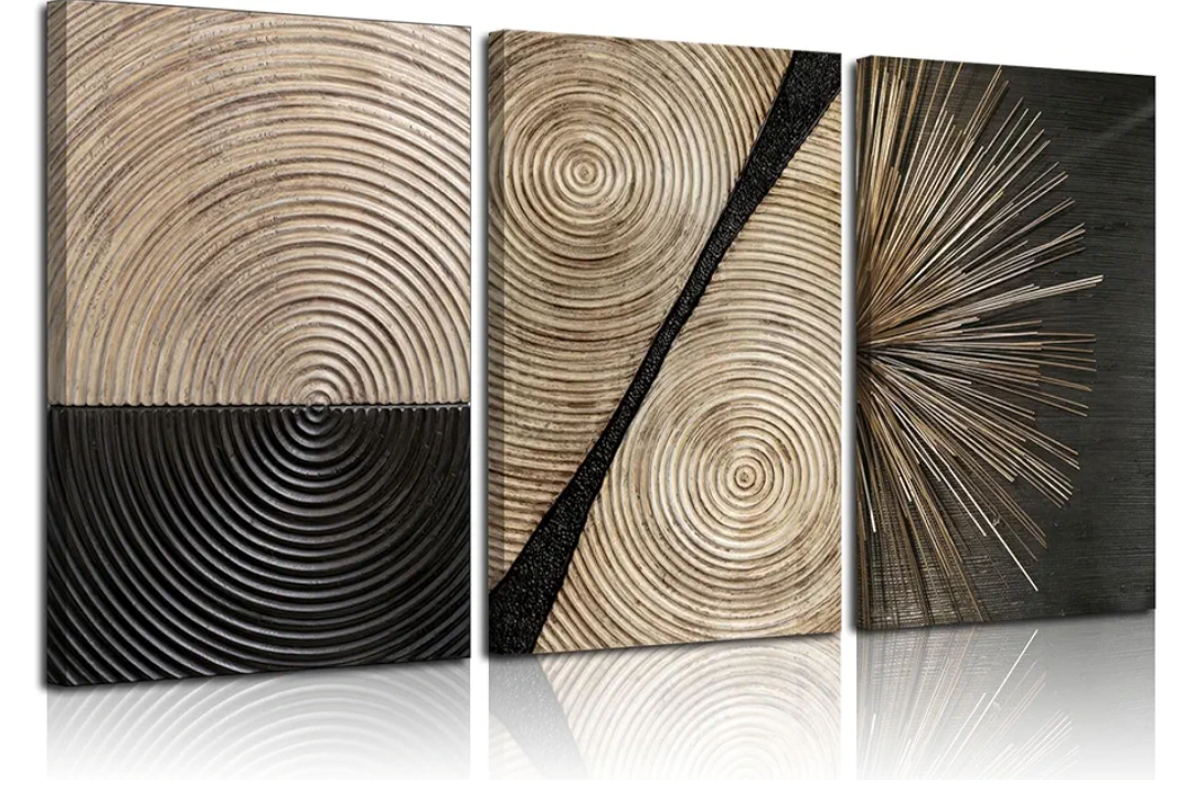 3Pcs Retro Wood grain Abstract Canvas Wall Art Minimalist Black Golden Line Texture Wall Decor Pictures Neutral Geometric Beige Brown Poster Prints for Living Room Bedroom Home Decoration 12x16in