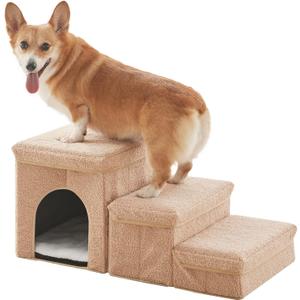 Dog Stairs for Small Dogs with Storage and Condo,Foldable Pet Stairs for Small Medium or Puppy Dogs and Older Cats, Dog Steps for Bed or Couch(Beige,13" H)