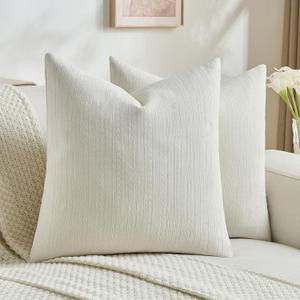 FUTEI Pack of 2 Solid Chenille Throw Pillow Covers 20x20 Inch Soft Cozy Wheat Ear Striped Textured Decorative Cushion Cases Modern Farmhouse Accent for Couch Bed Living Room, Cream