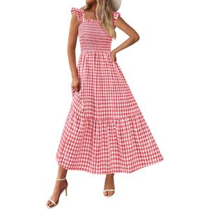 PRETTYGARDEN Womens Summer Dress Casual Square Neck Ruffle Strap Gingham Smocked Midi Flowy A Line Beach Vacation Sun Dresses (Medium, Wine Red)