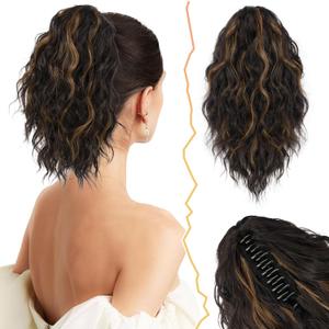BARSDAR Claw Clip Ponytail Extension - 12 Inch Short Wavy Highlight Ponytail Extensions for Women - Multi Layered Synthetic Clip in Pony Tail Hairpieces Daily Party - Dark Brown with Highlights