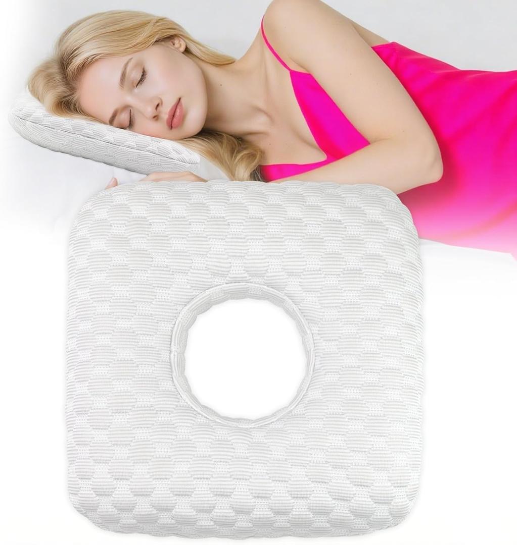Ear Piercing Pillow for Side Sleepers with Hole for Ear Pain CNH Inflammation, Relief Sleeping Pressure Pain, Cooling and Breath Guard Pillow, Grey