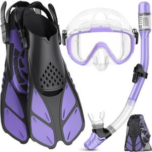 Ubekezele Snorkeling Gear for Adults Men Women, 4 in 1 Snorkel Set with Panoramic View Diving Mask Anti-Fog Anti-Leak, Dry Top Snorkel, Fins and Travel Bag for Swimming, Snorkeling and Travel Diving
(Small-Medium, PURPLE)
