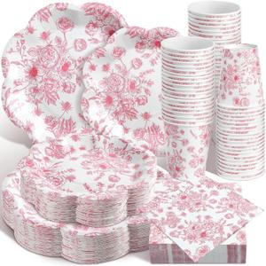 250 Pcs Pink Floral Disposable Plates and Napkins Pink and White Floral Tableware Set for 50 Guests Disposable Paper Plates Napkins Cups for Wedding Bridal Shower Party Supplies