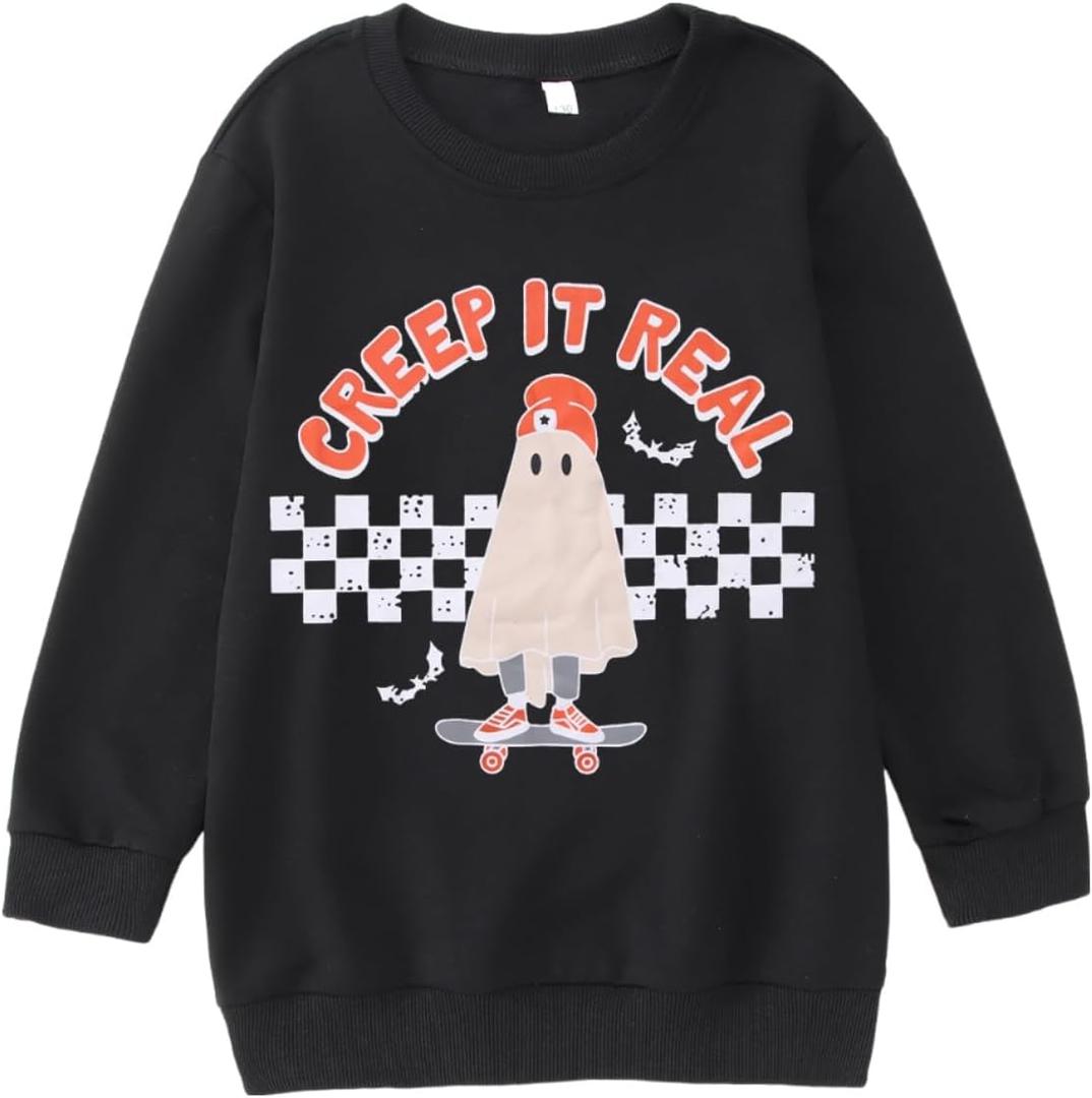 IZYJOY Kids Halloween Sweatshirt Girl Boy Funny Ghost Skateboard Creep It Real Crewneck Pullover Spooky Season Shirt Top (10-11 Years, Black)