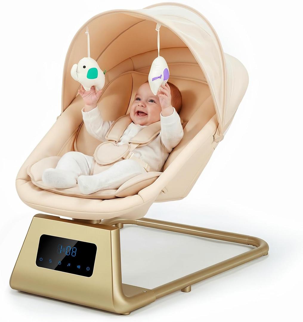 Pamo Babe Portable Baby Swing - Electric Baby Rocker with Cry Detection, 5 Swing Speeds, Bluetooth & Remote Control, Adjustable Backrest, Indoor & Outdoor Swing Chair for Newborn Babies - Beige