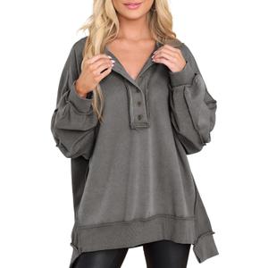 AlvaQ Sweatshirt for Women Oversized Casual Long Sleeve Button Henley Neck Pullover Tunic Tops Fall Fashion Outfits (X-Small, Grey)