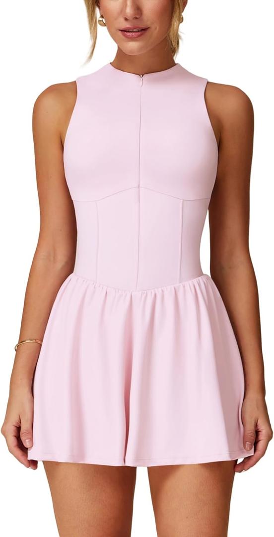 ABOCIW Womens Zip Front Tennis Dress High Neck Sleeveless Workout Golf Dresses Build in Shorts with Pockets M