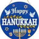 TOARTi 3D Happy Hanukkah Welcome Front Door Sign Hanging(11.4x11.4''), Rustic Chanukah Candlestick Wall Decor, Farmhouse Jewish Holiday Party Wooden Home Decor for Home Office
