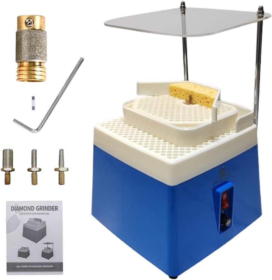 Upgraded Versatile Stained Glass Grinder Machine, Portable 4200rpm Glass Art DIY Making Tool with Stackable Dual-Layer Workbench and 4-Sizes Replaceable Diamond Grinding Bits, 110V 65W Blue