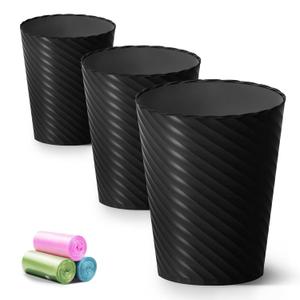 Lysam Bathroom Trash Can, 3 Pack 1.8 Gallons Small Trash Can with Trash Bags, Bathroom Garbage Can, Plastic Trash Bin, Round Waste Basket for Bedroom, Office, Kitchen, Room, Compact Space (Black)