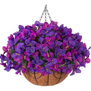 Artificial Hanging Flowers Faux Plants Basket for Outdoors Spring Summer Decor, Fake Silk Bougainvillea in Planter Outdoor Look Real UV Resistant Faux Flower for Outside Porch Patio Garden Home, Dark Purple + Fuchsia