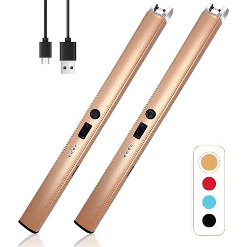 1 PCS Candle Lighter,Windproof Flameless Electric Lighter with LED Power Display ＆ Safety Switch, Upgraded Plasma USB Rechargeable Lighters for Birthday Camping BBQ (Champagne Gold)