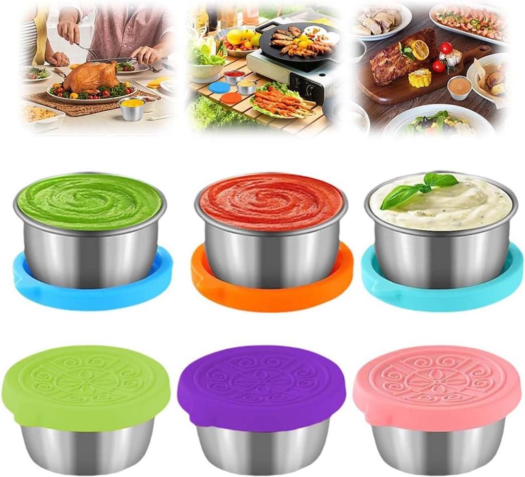 6 Packs Salad Dressing To Go Containers, 1.6/2.4 oz Small Reusable Stainless Steel Sauce Cups With Silicone Lids, Condiment Containers with Lids For Lunch Boxes Picnics Travel Kitchen Storage (1.6oz)