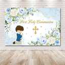 MEHOFOND 7x5ft First Holy Communion Mi Bautizo Blue Backdrop for Boys God Bless Party Decorations Blue Watercolor Photography Background Happy Birthday Photo Booth Props