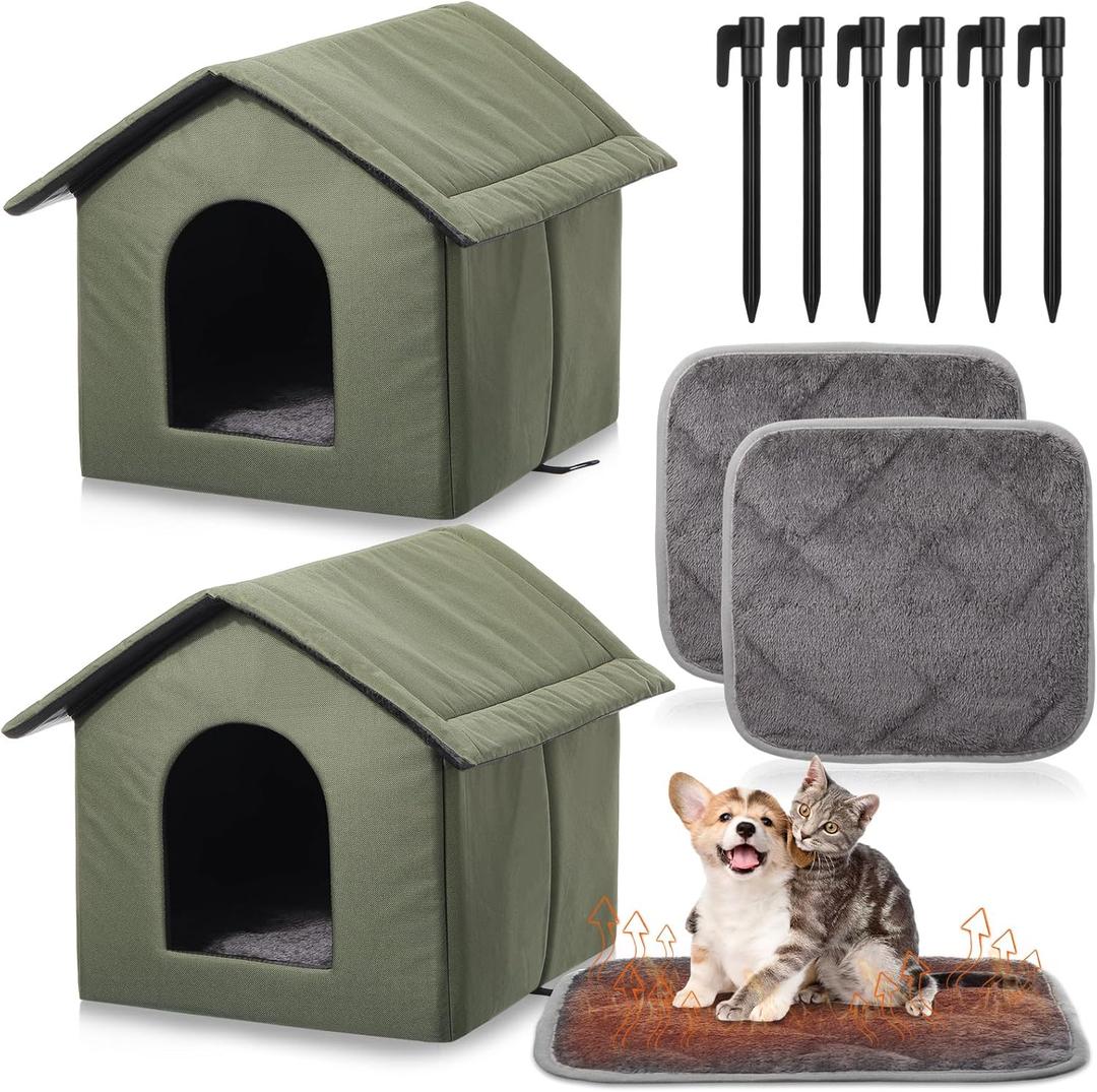 2 Sets Outdoor Cat Shelter with Self Heating Cat Pad Included 15.8 Inch Waterproof Stray Shelter Warming Pad Outside Pet Cave with Tent Stakes for Wild Animal Dogs(Green)