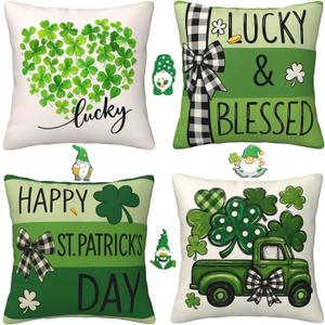 2 x Lucky St. Patrick's Day 4PCS 18x18 Inch Velvet Throw Pillow Covers,Classic Farmhouse Decorative Square Cushion Cases for Sofa Couch