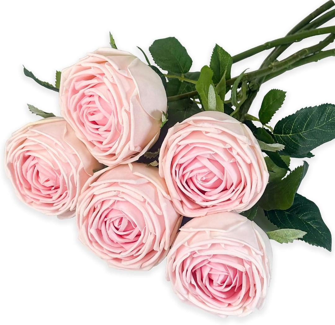 5Pcs Light Pink Real Touch Artificial Silk Flowers with Stems - Lifelike Latex Austin Rose Peony for Wedding Bouquets, Home Decor, DIY Floral Arrangements