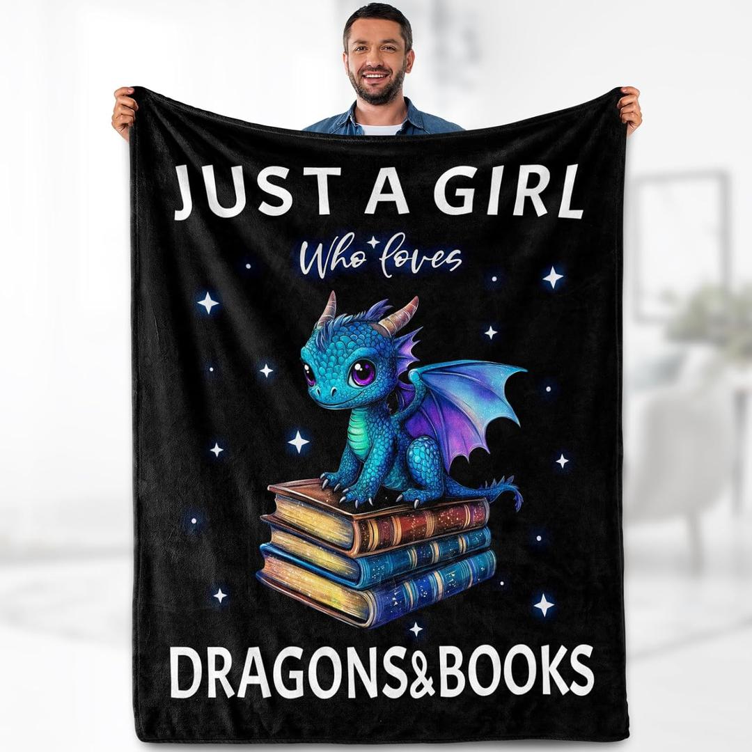 Dragon Book Blanket Gifts for Girl - Just A Girl Who Loves Books Themed Animal Lovers Throw for Woman Kids Adults Soft Fleece Cozy Bed Couch Decor Birthday Christmas Lightweight Blanket 50"x60"
