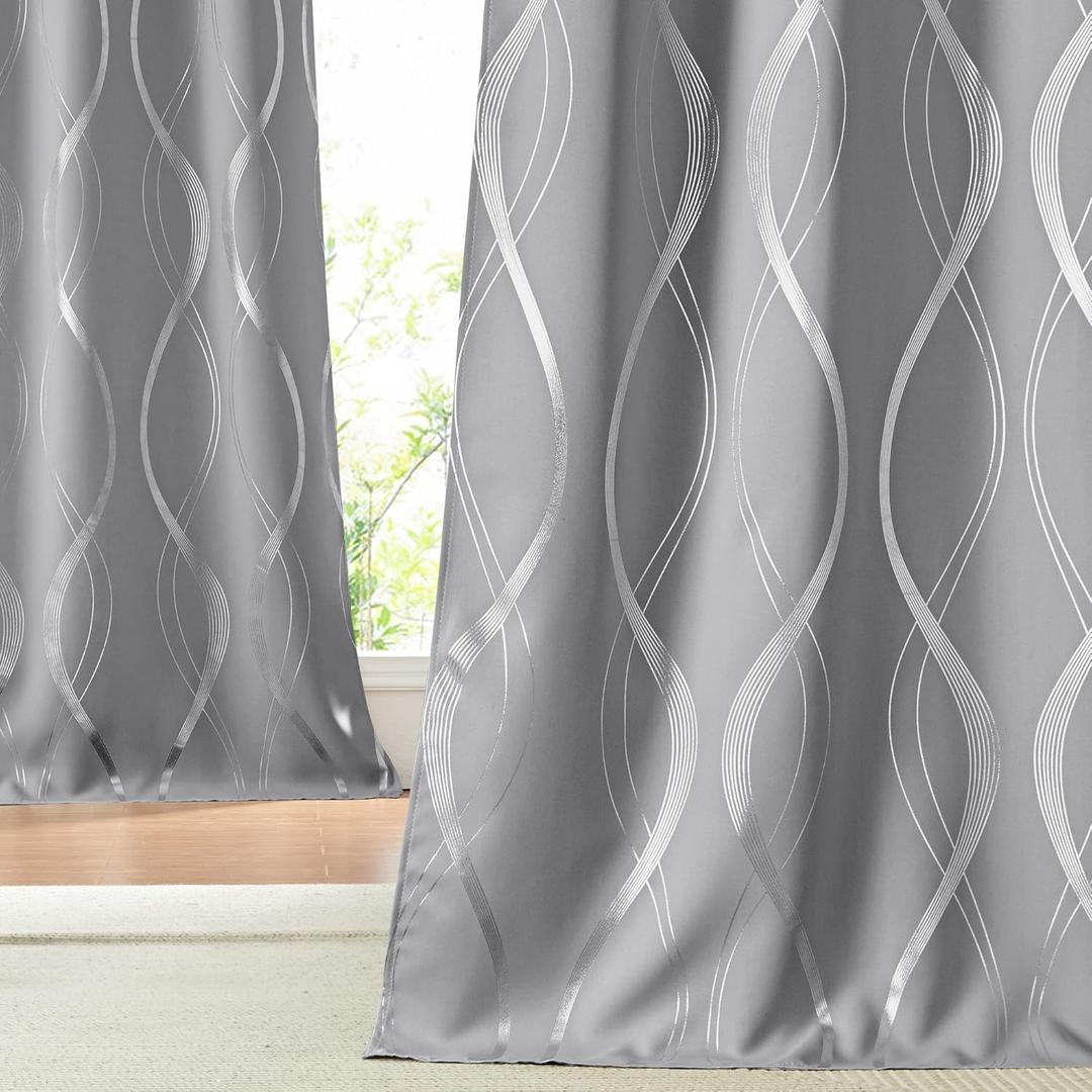 NICETOWN Living Room Curtains 102 inches Length 2 Panels Burg, Silver Grey, Extra Long Blackout Curtains and Drapes for Large Window, Foil Printed Wave Lines Energy Saving Thermal Insulated Draperies