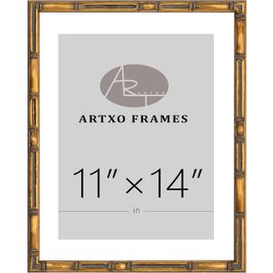 ArtXO 11"x14" Picture Frame Wooden, Display Pictures 8"x10" with Mat or 11"x14" Without Mat,Gold Bamboo Poster Frames,Hanging Photo Frame Wall (Gold03(wide:17.5mm)(with Mat,Plexiglass,Back))