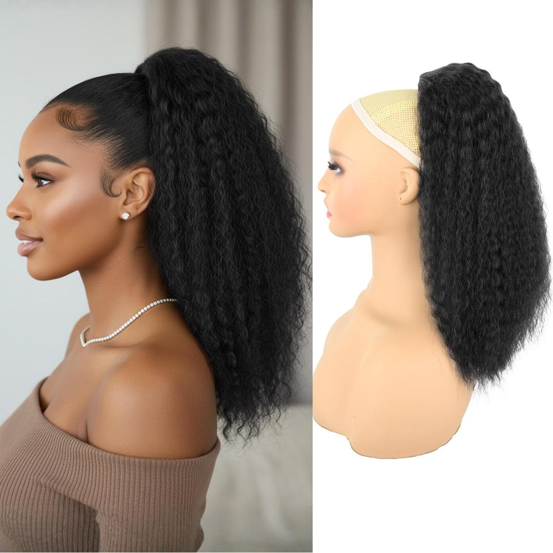 Kinky Straight Ponytail Extension for Black Women,16 Inch Yaki Drawstring Ponytail,Natural-Looking Thick Synthetic Hairpiece for Daily Wear(Natural Black)