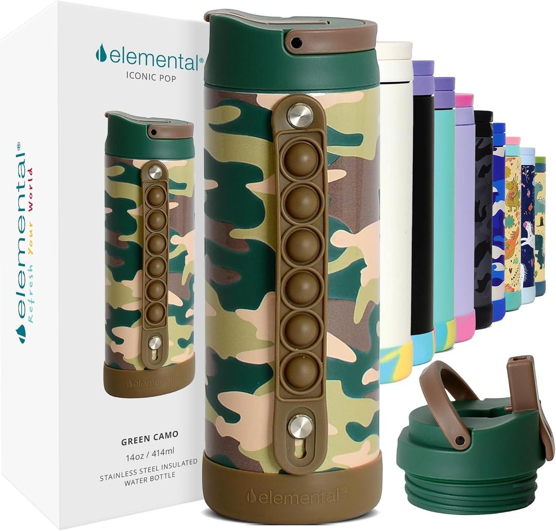 Elemental Iconic Kids Water Bottle for School - 100% Leak-Proof Insulated Water Bottles with Straw Lid & Pop-It Handle for Boys & Girls - Triple-Wall Insulated & BPA-Free, 14oz  Green Camo