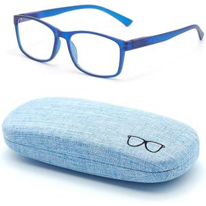 Autojouls 1-Pack Nearsighted Glasses for Distance with Hard Case Blue Light Spring Hinge Glasses Not Reading Glasses, 197 Matte Blue Frame -1.75 x