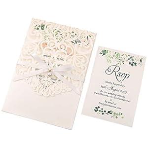 5X7.2 Inch 50PCS Personalized Laser Cut Navy Blue Wedding Invitations with RSVP Cards and Envelopes, Wedding Invitation Cards with Ribbon Belly Band Pearl Embellishments