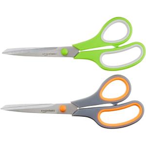 Amazon Basics Multipurpose Stainless Steel Scissors for Office, Crafts, Paper Cutting, Fabric Cutting, Right/Left Handed, Comfort Grip, PVD Coated, 2-Pack, Green and Grey