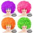 PLULON 4 Pack Colored Afro Wig with Heart Sunglasses Hair Cap for Women Men, Funny Curly Afro Wigs Disco Hippie Party Hairpieces for Halloween Costume Cosplay Party Carnival Music Festival Decor (Orange, Hot Pink, Green, Purple)