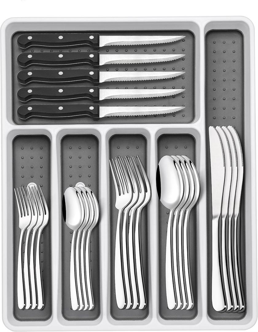49-Piece Silverware Set with Organizer, Heavy Duty Stainless Steel Flatware Set for 8, Cutlery Utensil Sets with Steak Knives, Rust-proof, Mirror Polished, Dishwasher Safe, Heavy Duty
