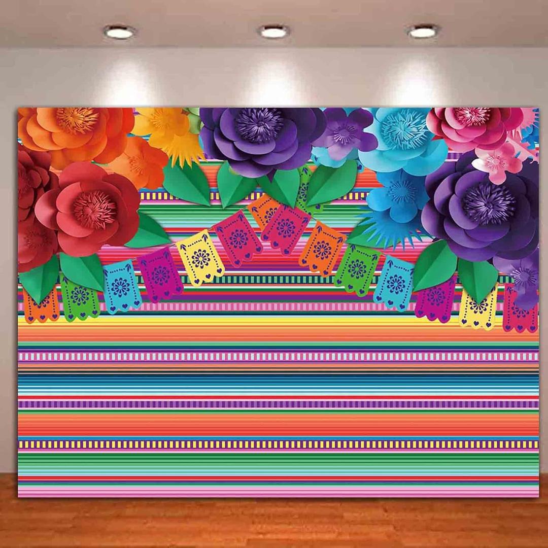 Fabric Mexican Fiesta Color Stripes Paper Flower Photo Background Cinco De Mayo Party Wedding Decor Photography Backdrops Baby Shower Studio Shoot Props 7x5ft