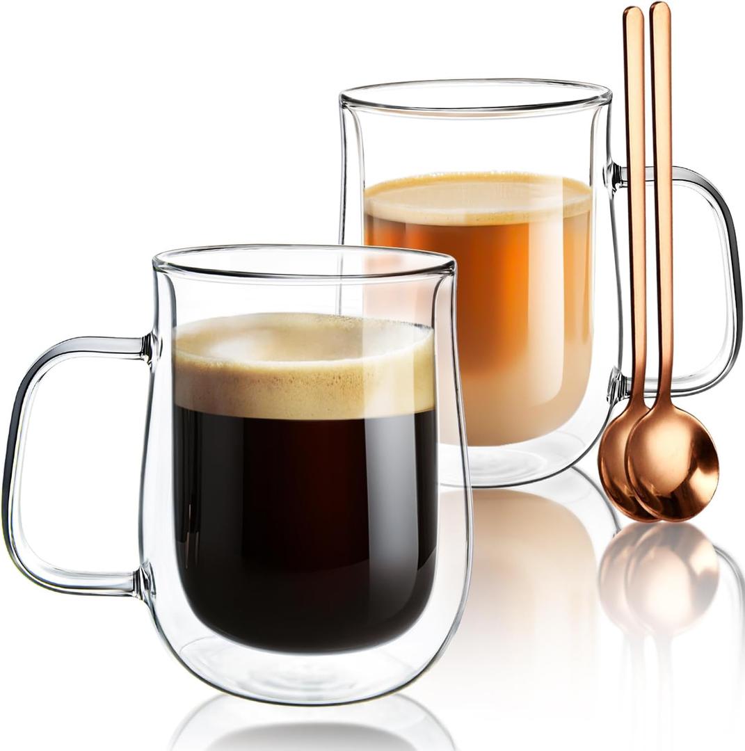 Double Walled Glass Coffee Mugs 16 OZ, Borosilicate Glass Coffee Cups Set of 2 with Spoons, Insulated Clear Coffee Mug for Hot Beverages, Cappuccino, Latte, Tea Bag.