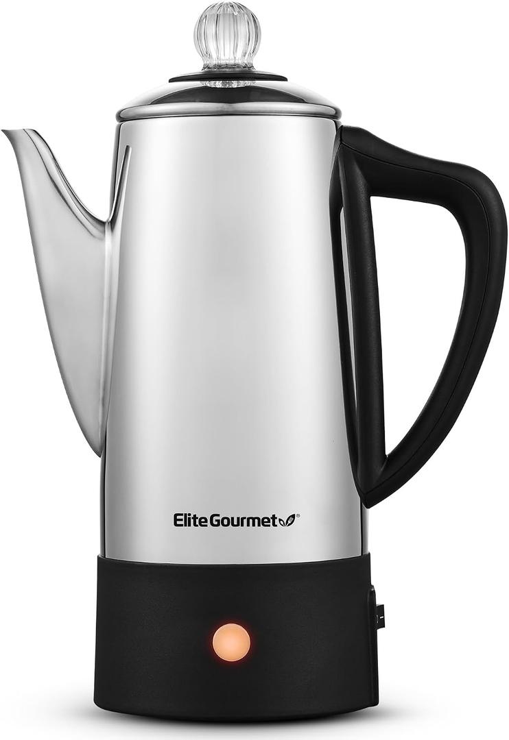 Elite Gourmet 6-Cup Electric Coffee Percolator, Stainless Steel, 1000W
Fast brewing, Keep Warm, auto shut-off, clear brew progress knob, cordless serving base, reusable filter