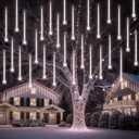 PEMOTech Christmas Lights Outdoor, [Timing Function] 24 tubes 30cm 576 Led Meteor Shower Lights, Waterproof Christmas Decorations Icicle Light for Christmas Trees Halloween Party, Ul Plug, Cool White