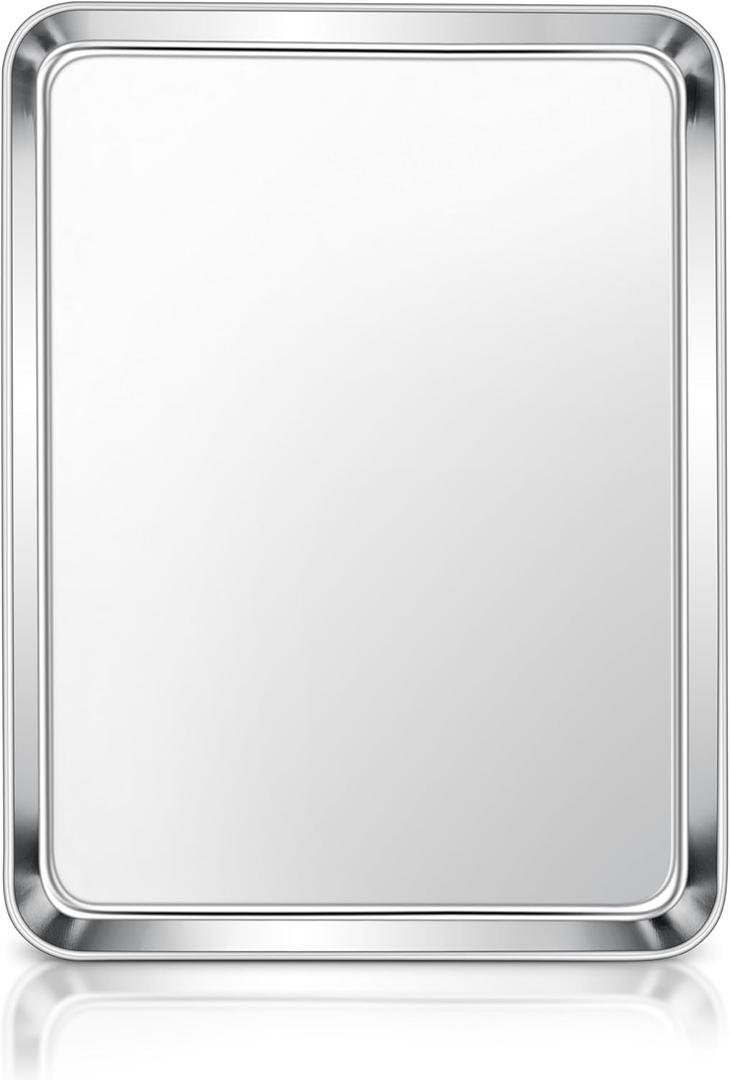 E-far Stainless Steel Baking Sheet, 12.4 x9.7 Baking Cookie Sheet Pan for Oven, Non-toxic Metal Toaster Oven Tray for Cake Cookie, Healthy & Rust Free, Mirror Finish & Dishwasher Safe, 1 Pack