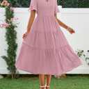 BTFBM Summer Dresses for Women 2025 Vacation V Neck Loose Short Sleeve A Line Tiered Flowy Casual Midi Beach Dress (Pink, S)