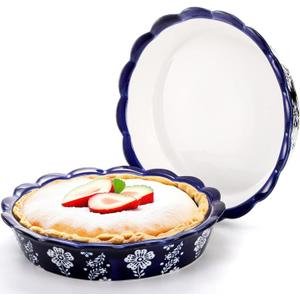 Tosnail 2 Pack 9.5" Ceramic Pie Pan, Deep Pie Dish, Fancy Pie Plates, Nonstick Large Quiche Pan Round Baking Dish for Fruit Tarts, Apple Pies, Cakes, Quiches