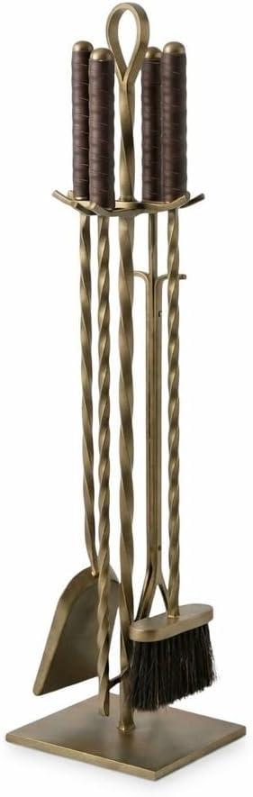 COPPERHOLIC Premium 5-Piece Fireplace Tool Set with Genuine Leather Handles – Antique Brass Finished Wrought Iron – Heavy Duty Hearth Accessories: Poker, Shovel, Brush, Tongs, and Pedestal Stand