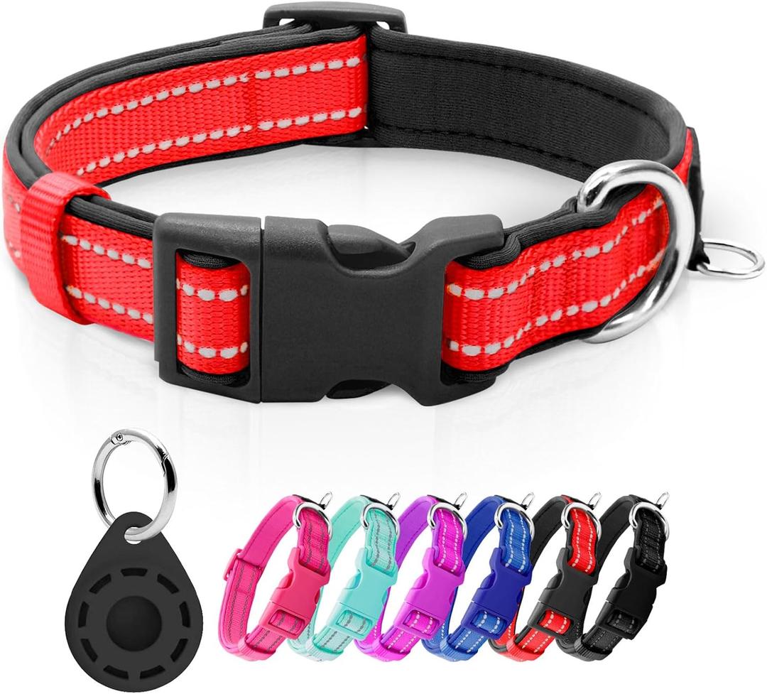 azuza Reflective Dog Collar with Airtag Holder, Soft Neoprene Padded Pet Collar with ID Tag Ring, Adjustable for Medium Dogs, Red(Medium (Pack of 1))