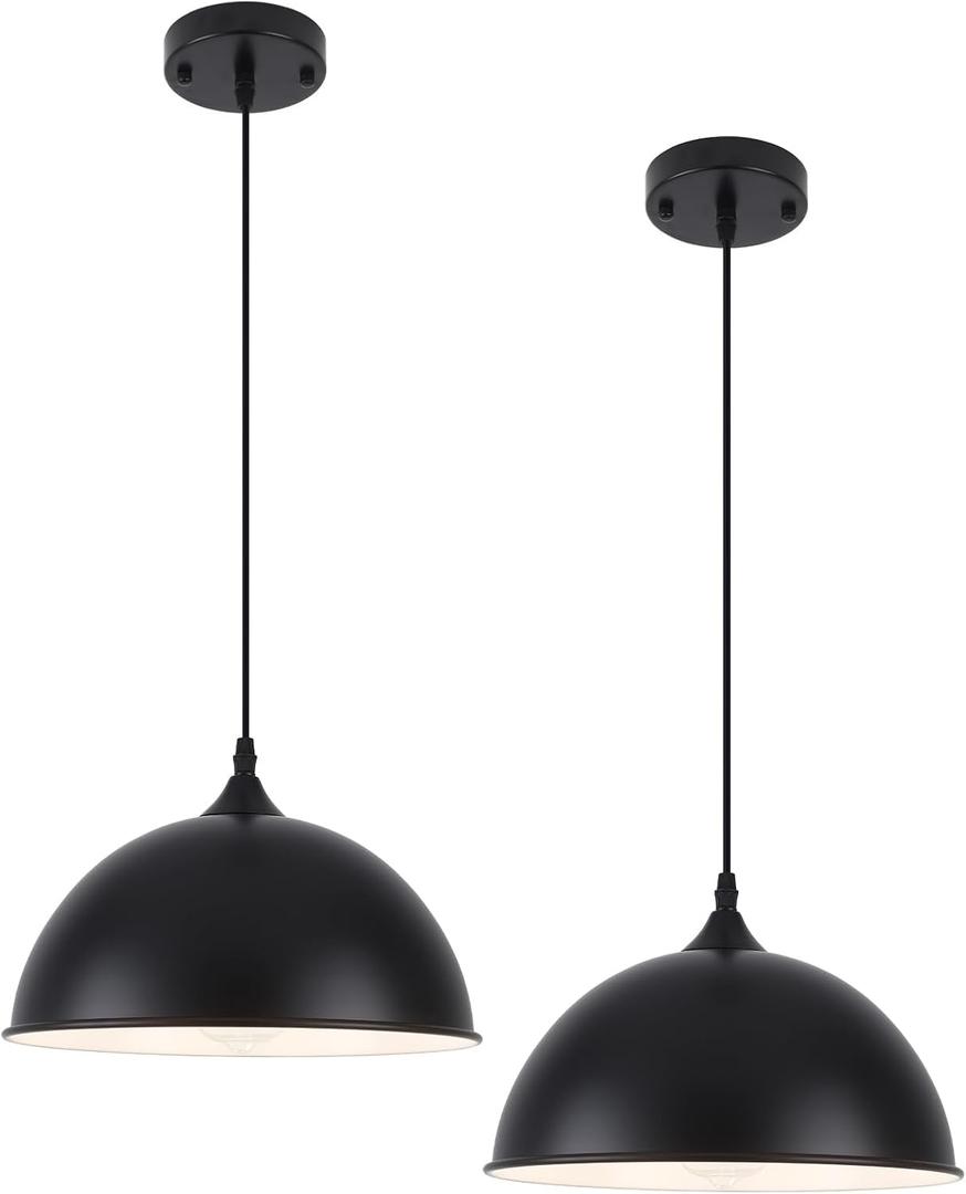 Black Pendant Lights Kitchen Island 2 Pack, 11.8" Farmhouse Dome Pendant Light, Adjustable Height Island Pendant Lights for Dining Room Bedroom