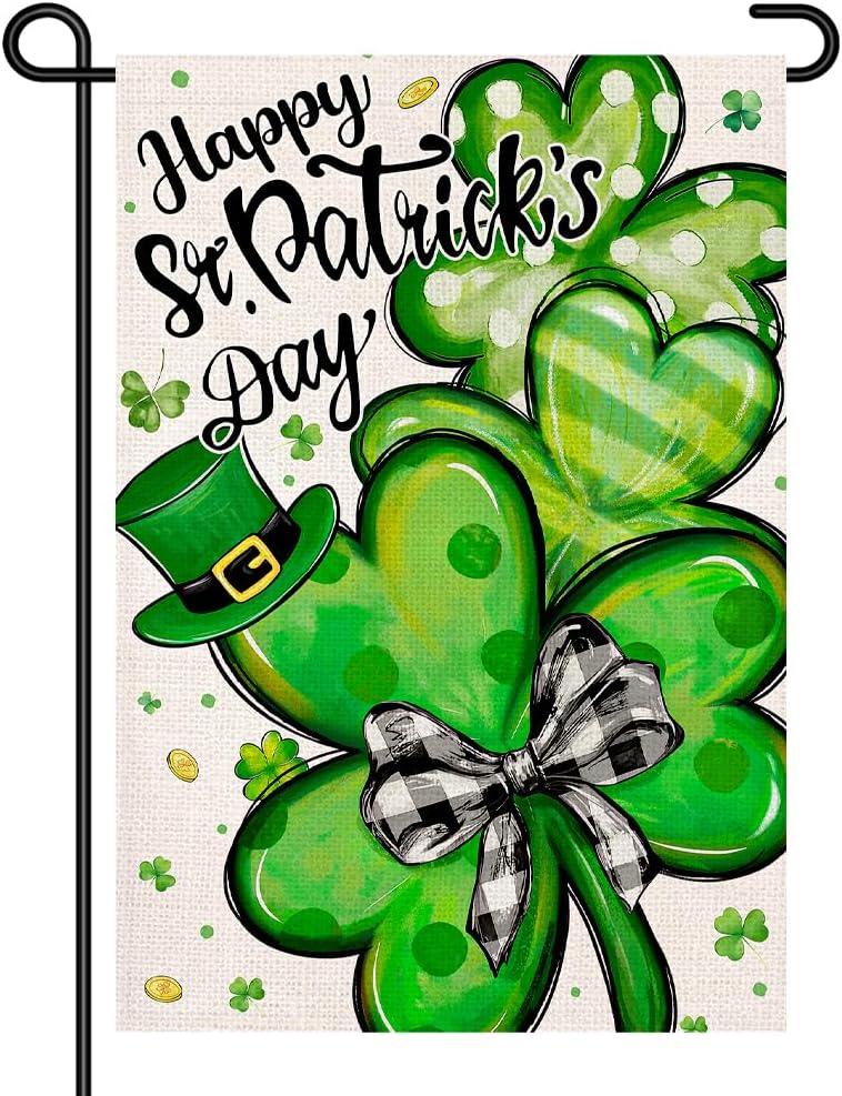 2 x Happy St Patricks Day Garden Flag 12x18 Small Outdoor Sign  Shamrock & Leprechaun Hat Lucky Clover Decor, Buffalo Plaid Bow Double Sided Burlap Yard Flag for St Pattys Day DF1038