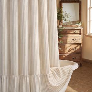 Farmhouse Shower Curtain with Ruffle Hem Linen Shower Curtains for Bathroom Country Vintage Rustic Natural Fabric, Cream-Beige Stripe 72" W x 78" L