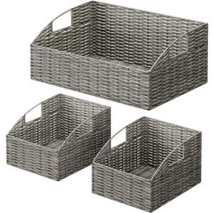 Rattan Storage Baskets, Handwoven Wicker Storage Bins with Built-in Handles, Storage Container Baskets for Shelves, Bedroom, Bathroom, Laundry Room or Kitchen(Grey) 11"D x 16.3"W x 6.7"H